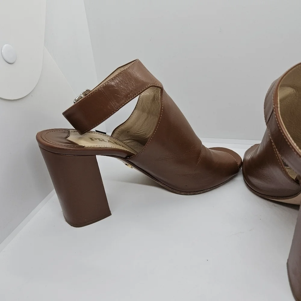 Prada brown leather peeptoe ankle wrap heel booties EU 38